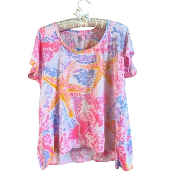 Lilly Pulitzer Inara Linen Top | Paradise Pink Bohemian Beach Starfish | Size M - Picture 3 of 7
